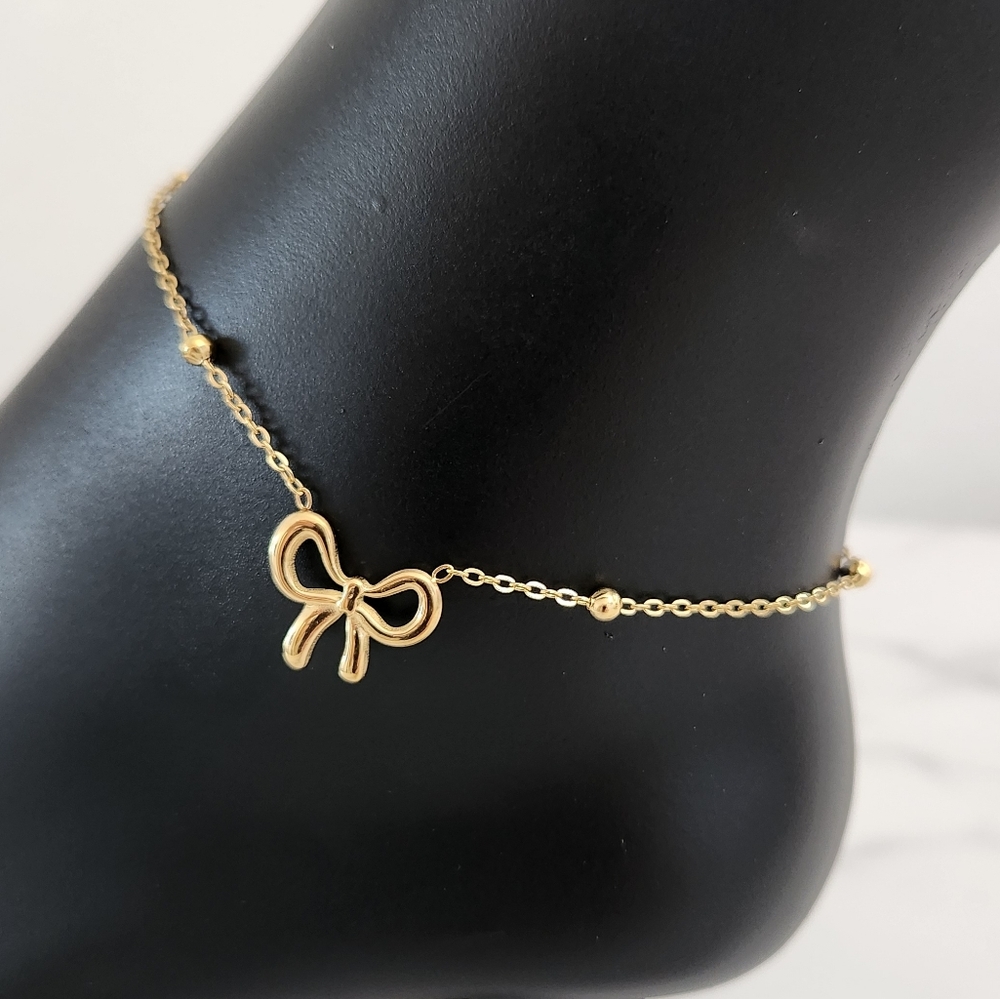 Gold Plated Bow Charm Beaded Chain Adjustable Dainty Anklet - Picture 6 of 12